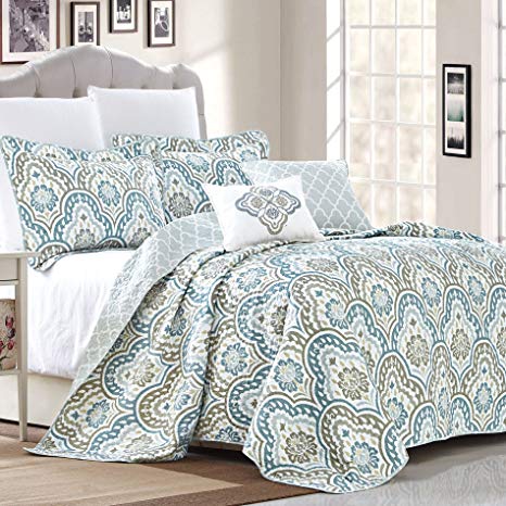 Home Soft Things Serenta Tivoli Ikat Design 5 Piece Teal Aqua Printed Prewashed Quilted Coverlet Bedspread Bed Cover Summer Quilt Blanket with Cotton Polyester Filled Embroidery Pillow Set, Oversize