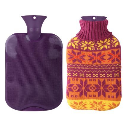 Premium Classic Transparent Hot/Cold Water Bottle w/ Cute Knit Cover (2L, Purple / Christmas Snowflake)