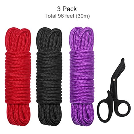32 Feet 10M Soft Twisted Cotton Rope By Zaker( 3 pack,Black,Red & Purple), BONUS 1 EMT Trauma Shears for Cutting