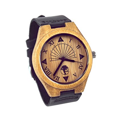Viable Harvest Men’s Wood Watch, Unique Sundial Design, Natural Bamboo , Genuine Leather and Gift Box