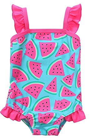 Alove Baby Girl's Floral One Piece Striped Ruffle Swimsuit