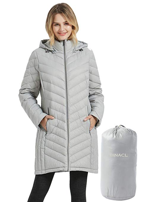 BINACL Women's Down Coat,Packable Lightweight Hooded Long Down Puffer Jacket,5 Color S-XL