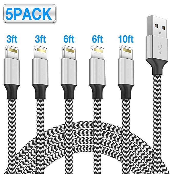 Binecsies iPhone Charger MFi Certified Lightning Cable 5 Pack [3/3/6/6/10FT] Compatible iPhone Xs/Max/XR/X/8/8Plus/7/7Plus/6S/6S Plus/SE/iPad Extra Long Nylon Braided USB Charging & Syncing Cord