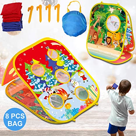 IROO Bean Bag Toss Game Toy for Toddlers Age 3 4 5 6 Year Old, Gift for Boys Birthday and Christmas, Collapsible Double Sided Outdoor Cornhole Board with 8 Benbags for Kids Indoor Outdoor Cornhole