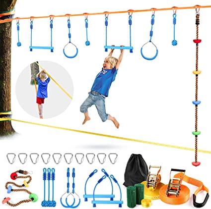 Odoland 50ft Slackline Ninja line Monkey Bar Kit for Obstacle Course Setting, Slackline Kit with Arm Trainer Line, Tree Protectors, Instruction Booklet, Carry Bag and Work Gloves for Backyard