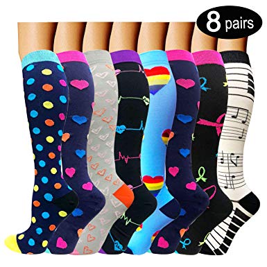 8 Pairs Compression Socks Women & Men -Best Medical,Nursing,Travel & Flight Socks-Running & Fitness-15-20mmHg