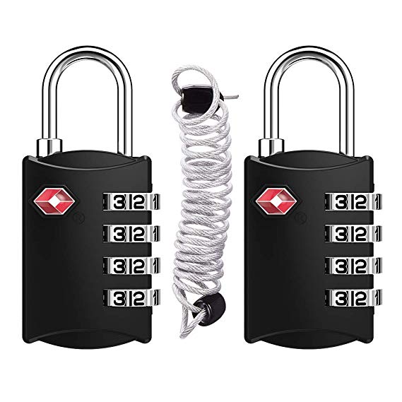 Travel Locks 2 Pack, TSA Approved Luggage Locks, 4 Digit Combination Padlock with Flexible Cable (80cm), Small Combination Lock for Gym, Suitcases, Backpack, Easy Read Dials with Alloy Body