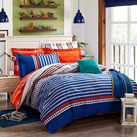 QzzieLife 100% Cotton 4pc Bedding Duvet Cover Sets Orange Blue Striped Size Queen