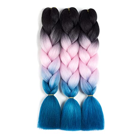 SONNET Synthetic Ombre Jumbo Braiding Hair 3bundles/lot 300g Kanekalon Fiber Hair Extension for Box Twist Braiding with 10pcs Free Decoration Dreadlock Deads (Black/Pink/L-Blue)