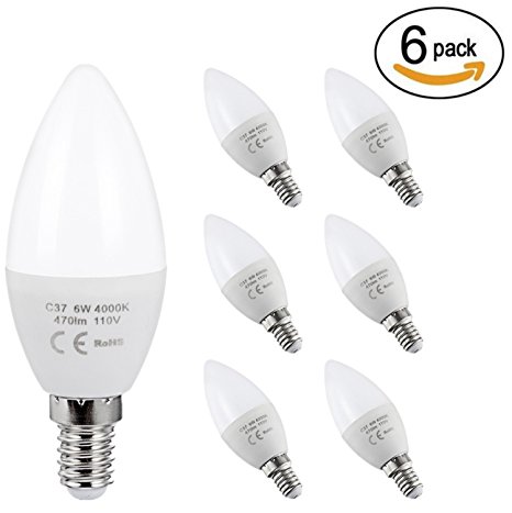 AED Lighting LED Candelabra Bulb, 60-Watt Light Bulbs Equivalent, LED 6 Watt Cool White 4000K Chandelier Bulbs, Decorative Candle Light Bulb E12 Candelabra Base, 480lm, Torpedo Shape, 6 Pack