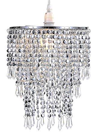 Waneway 3 Tier Beads Pendant Shade, Ceiling Chandelier Lampshade with Acrylic Jewel Droplets, Beaded Lampshade with Chrome Frame and Sparkling Beads, Diameter 8.7 inches, Chrome