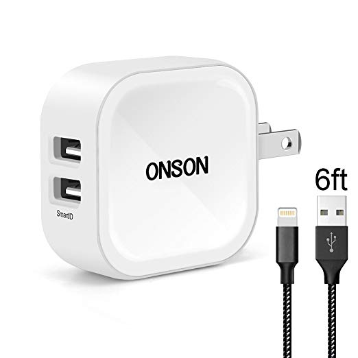 ONSON Phone Charger, 4.8A 24W 2-Port Travel Wall Charger Adapter Foldable Plug 6FT Long Phone Cable Charging Cord Compatible for iPhone X, 8, 7, 7 Plus, 6, 6s, 6 , 5, 5c, 5s, SE, iPad, iPod Nano