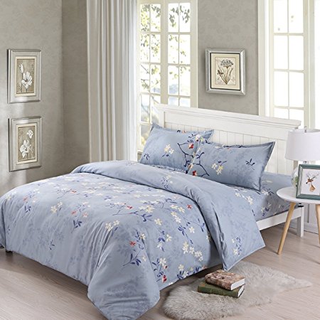 Duvet Cover Lavender Floral Printed Microfiber Full/Queen Size - Comfortable Dorm Bed Comforter Cover for Girls & Women - 4 Pieces