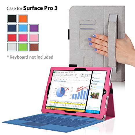 onWay Folio Case Cover for Microsoft Surface Pro 3 Windows 8.1 Tablet 12 Inch Premium Leather Cover Case with Elastic Hand Strap, Card Holder, Stylus Holder (Hot Pink)
