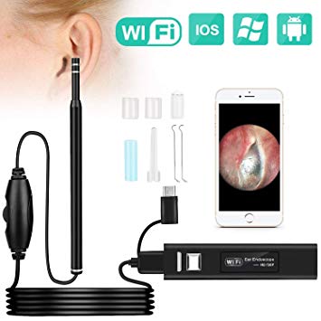 Ear Otoscope, Fvgia Wireless Ear Camera, 1.3 Megapixels Wifi Ear Scope USB Ear Cleaning Endoscope, Digital Inspection Otoscope with 6 Adjustable LEDs for IOS and Android Dvices, Windows