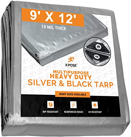 Heavy Duty Poly Tarp - 9' x 12' - 10 Mil Thick Waterproof, UV Blocking Protective Cover - Reversible Silver and Black - Laminated Coating - Rustproof Grommets - by Xpose Safety