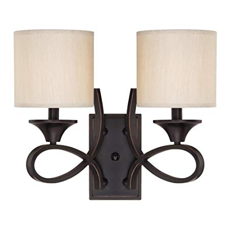 Westinghouse Lighting 6302700 Lenola Two-Light Indoor Wall Fixture, Amber Bronze Finish with Beige Fabric Shades