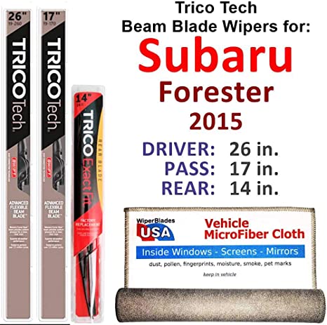 Beam Wiper Blades for 2015 Subaru Forester Driver/Passenger/Rear Trico Tech Beam Blades Wipers Set Bundled with MicroFiber Interior Car Cloth