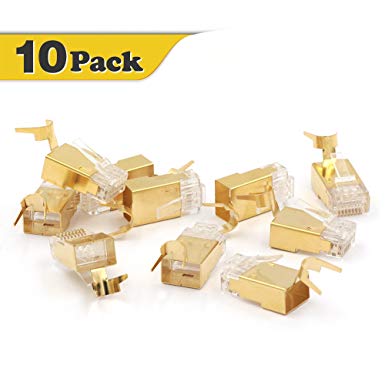[UL Listed] VCE Shielded RJ45 Modular Plug for Cat6/Cat6A/Cat7 Cable STP Solid and Stranded Ethernet Wire - 50u Gold-Plated Connector 10 Pack