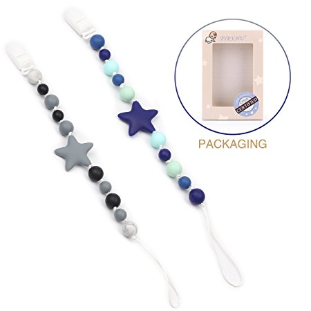 TYRY.HU 2 Packs Silicone Dummy Clip Baby Pacifier Clips BPA Free Teether Soothie Pacifier Chain Holders Chewable Beads Teething Toy (Dark Grey, Dark Blue)