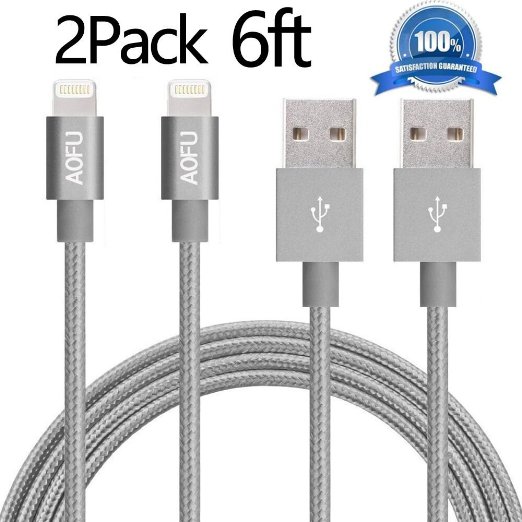 AOFU iPhone Cable,2Pack 6ft Nylon Braided Apple Lightning Cable USB Cord Charging Cable for iPhone 6/6 Plus/6s/6s Plus,iPhone 5 5c 5s,iPad 4 Mini Air(Gray)