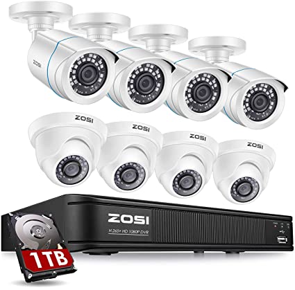 ZOSI 8 Channel 720p HD-TVI Security Camera System 1080N DVR Reorder with 1TB Hard Drive and (8) HD 1280TVL Outdoor/Indoor Weatherproof Surveillance CCTV Cameras with Motion Detection