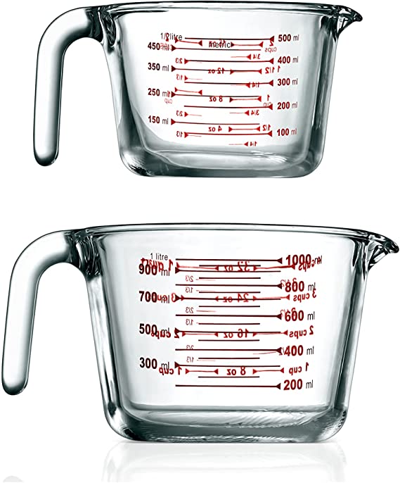 NutriChef 2 Pieces Measuring Cups - BPA-Free Premium Heat Resistant Borosilicate Glass Measuring Cups w/ Handle, Precise Measurement w/ Oz & Ml Scale in 500ml & 1000ml, Microwave & Oven Safe