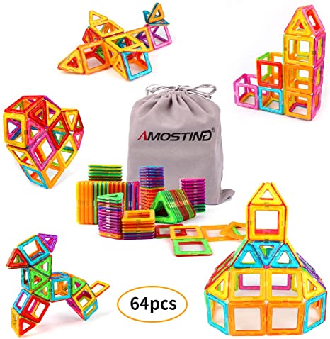 AMOSTING Magnetic Blocks for Kids, 64 Pcs Magnetic Building Tiles Block, Brain Games for Kids