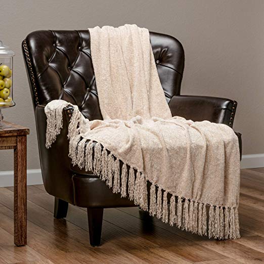 Chanasya Chenille Velvety Texture Decorative Throw Blanket with Tassels Super Soft Cozy Classy Elegant with Subtle Shimmer for Sofa Chair Couch Bed Living Bed Room Ivory Throw Blanket (50"x65")- Cream