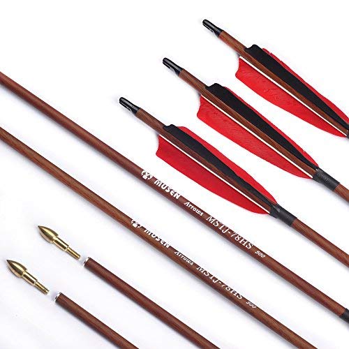 Musen 28/30 Inch Carbon Shaft Archery Arrows, Spine 500/340 with Replaceable Field Point Tips, Hunting & Target Practice Arrows for Compound Bow & Recurve Bow (6/12 Pack)