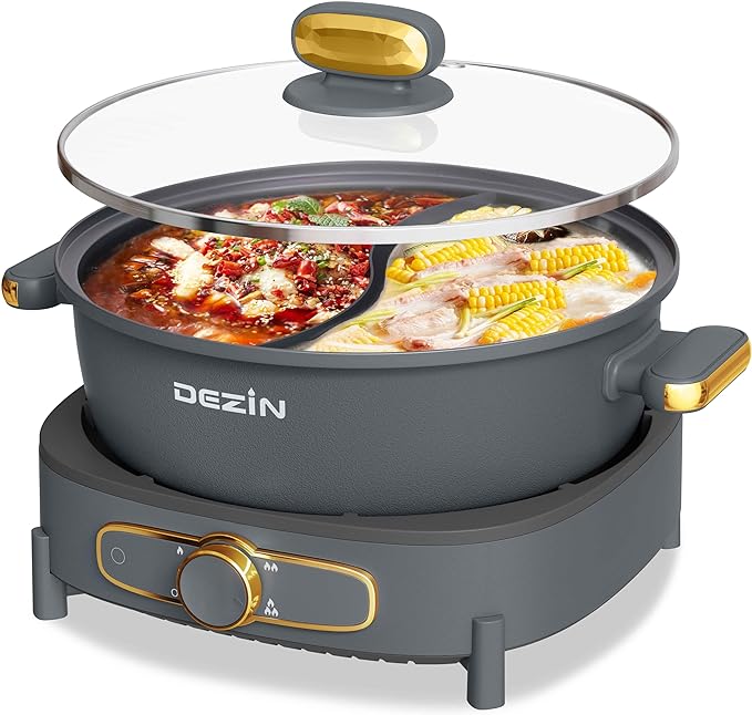 Dezin Electric Hotpot Pot with Divider, 5L Double-Flavor Shabu Shabu Pot, Dual Sided Removable Non-Stick Electric Pot, 3" Depth Chinese Hot Pot with Multi-Power Control, 2 Silicone Ladles Included