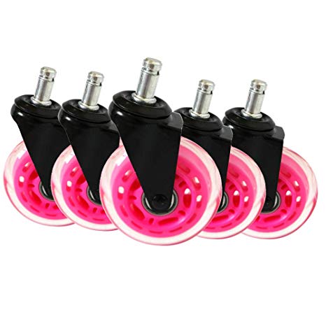 8T8 Replacement Office Chair Caster Wheels 3" - Rollerblade Style Heavy Duty Universal Size Safe for Hardwood Carpet Tile Floors 5 Set (Pink Transparent)