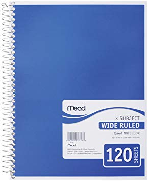 Mead Spiral Notebook, 3 Subject, Wide Ruled Paper, 120 Sheets, 10-1/2 x 7-1/2 inches, Color Selected For You (05746)