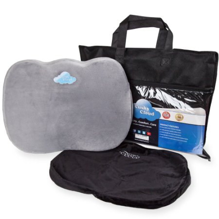 Cushy Cloud Memory Foam Seat Cushion - Ergonomic Chair Pad - Provides Instant Pain Relief - Comes with Carrying Handle and Anti-Slip Back - 2 Plush Covers Included - Cushion Size: L14 x W18 x H2.5"