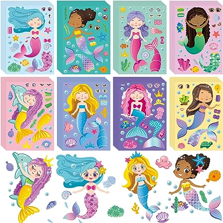 48 Sheets Make A Mermaid Stickers Mermaid Party Favors Make Your Own Mermaid Stickers Mermaid Themed Make A Face Strikers for Kids Party Favors, Rewards, Art Craft with 8 Designs(Mermaid)