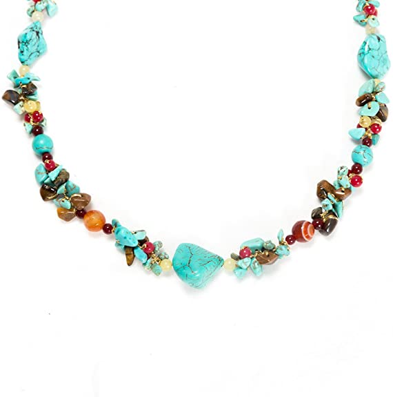 Blue Turquoise Tiger Eye and Multi Gemstone Clustered Quartz Beaded Silk Thread Necklace 20-22"