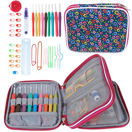 Teamoy Ergonomic Crochet Hooks Set, Knitting Needle Kit, Zipper Organizer Case With 9pcs 2mm to 6mm Soft Grip Crochets and Complete Accessories, Small Volume and Convenient to Carry, Flowers Blue