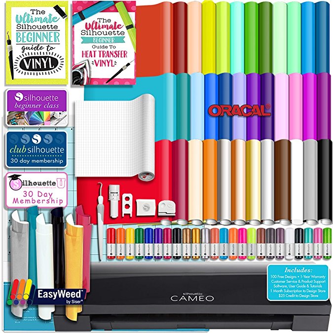 Silhouette BLACK CAMEO 3 Bluetooth Starter Bundle with 36 12x12 Oracal Sheets, Siser Easyweed T-Shirt Vinyl, Membership, Transfer Paper, Guide, Class, 24 Sketch Pens, and More