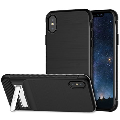 iPhone X Case, JETech Super Protective Case Cover with Metal Kickstand, Shock-Absorption and Carbon Fiber Design for Apple iPhone X/10 (Black)