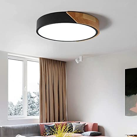 Modern Minimalist 15.7Inch LED Drum Shaped Wood & Metal & Acrylic 1-Light Dimmable Flush Mount Ceiling Light Fixture with Remote Control (Black)