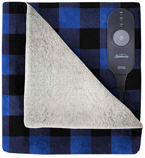 Sunbeam Electric Heated Soft Sherpa Plush Warming Throw Blanket Navy Blue Buffalo Plaid Washable Auto Shut Off 3 Heat Settings