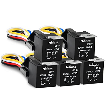Nilight Automotive Relay Harness Set 5-Pin 30/40A 12V SPDT with Interlocking Relay Socket and Wiring Harness - 5 Pack ,2 years Warranty