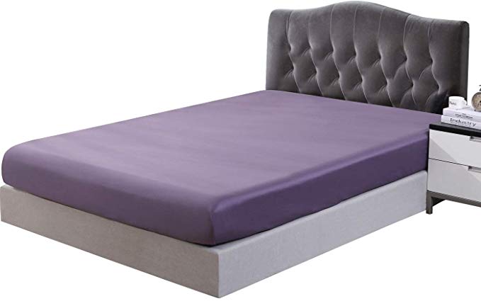 PHF Fitted Sheet 300 Thread Count Satin 100% Cotton Natural Soft Durable Breathable Warm for Winter Queen Size Purple