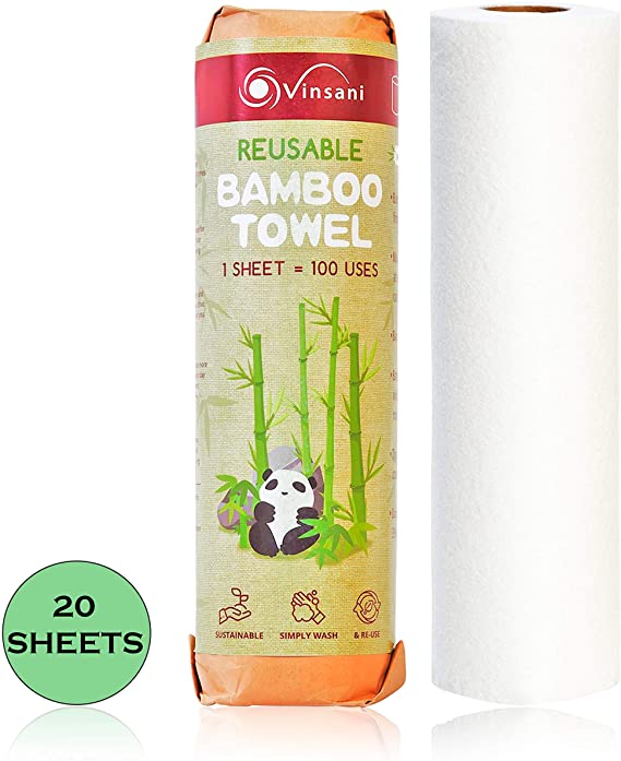 Vinsani® Washable Bamboo Kitchen Paper Towels Roll | 20 Sheets | Reusable | Super Strong | Ultra Absorbent | Eco-Friendly | Zero Plastic Packaging