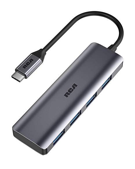 RCA USB C Hub, Type C Adapter with 4 USB 3.0 Ports, Aluminum USB C Hub for Type C Laptops and Other USB Type C Devices