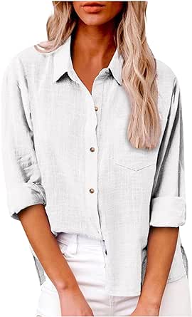 Womens Cotton Linen Button Down Shirt 2024 Spring Casual Long Sleeve Solid Color Shirts Loose Work Tops with Pockets