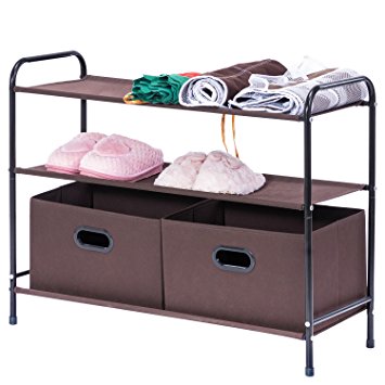 MaidMAX Closet Organizer, 3-Tier Clothes Drawer Shelf Closet Storage Rack Organizer Shelves with 2 Collapsible Bins, Brown