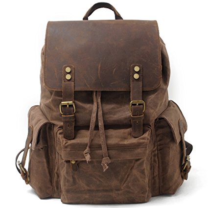 SUVOM Vintage Canvas Backpacks Genuine Leather 15.6" Laptop Rucksack Waterproof School Bag Travel Casual Daypack(Coffee)