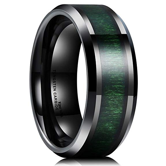 King Will Nature 8mm Mens Black Tungsten Carbide Wedding Ring Green Wood Inlaid Comfort Fit