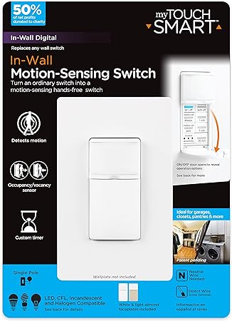 myTouchSmart 41381 Wall Motion Activated Timer, Simple-Set, Up to 30ft. Away, 150 Degree Sensor, Single Pole, LED, On/Off, 120VAC, White